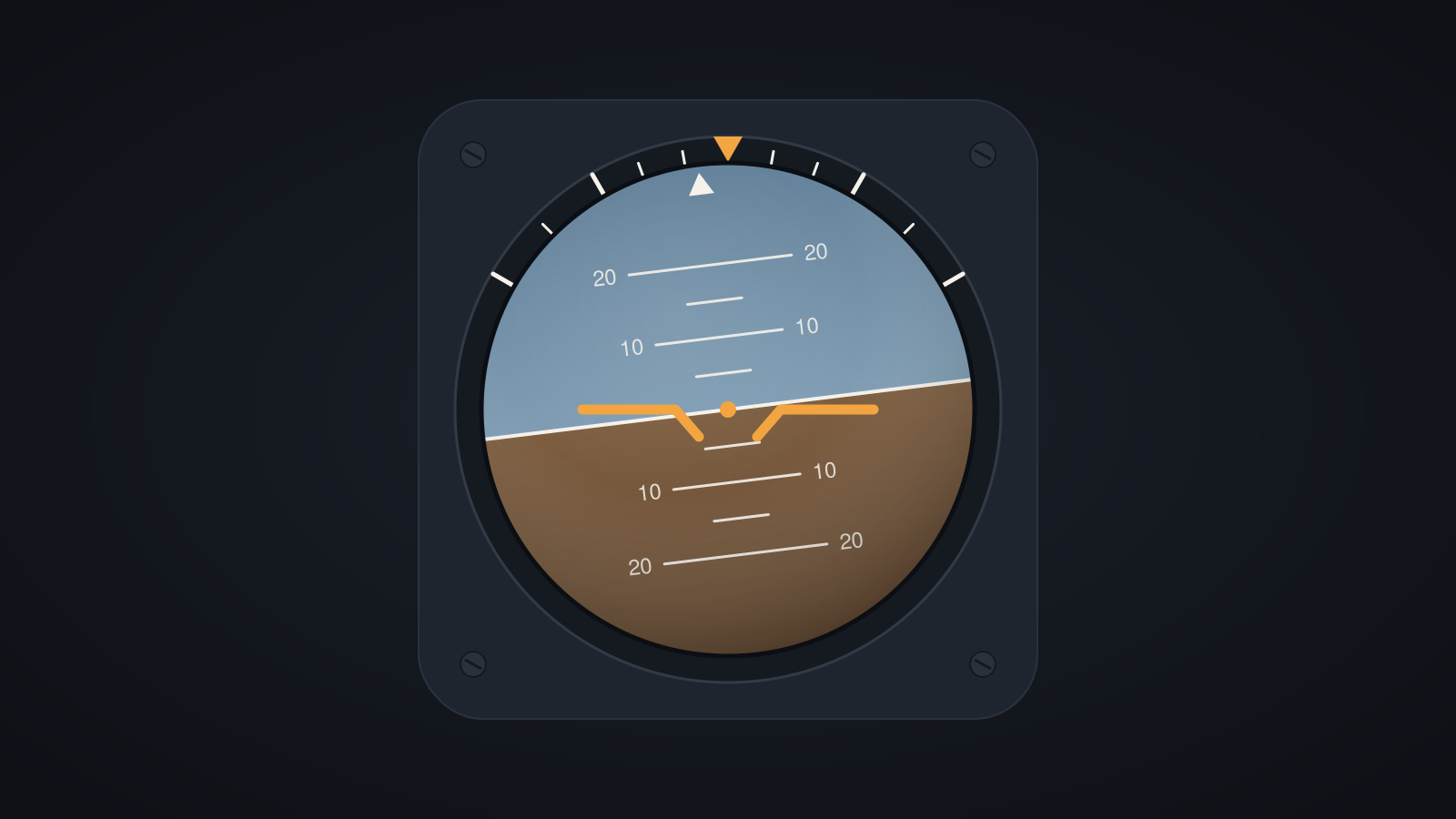 An attitude indicator from an aircraft cockpit, with the horizon slightly tilted relative to the fixed orange aircraft symbol